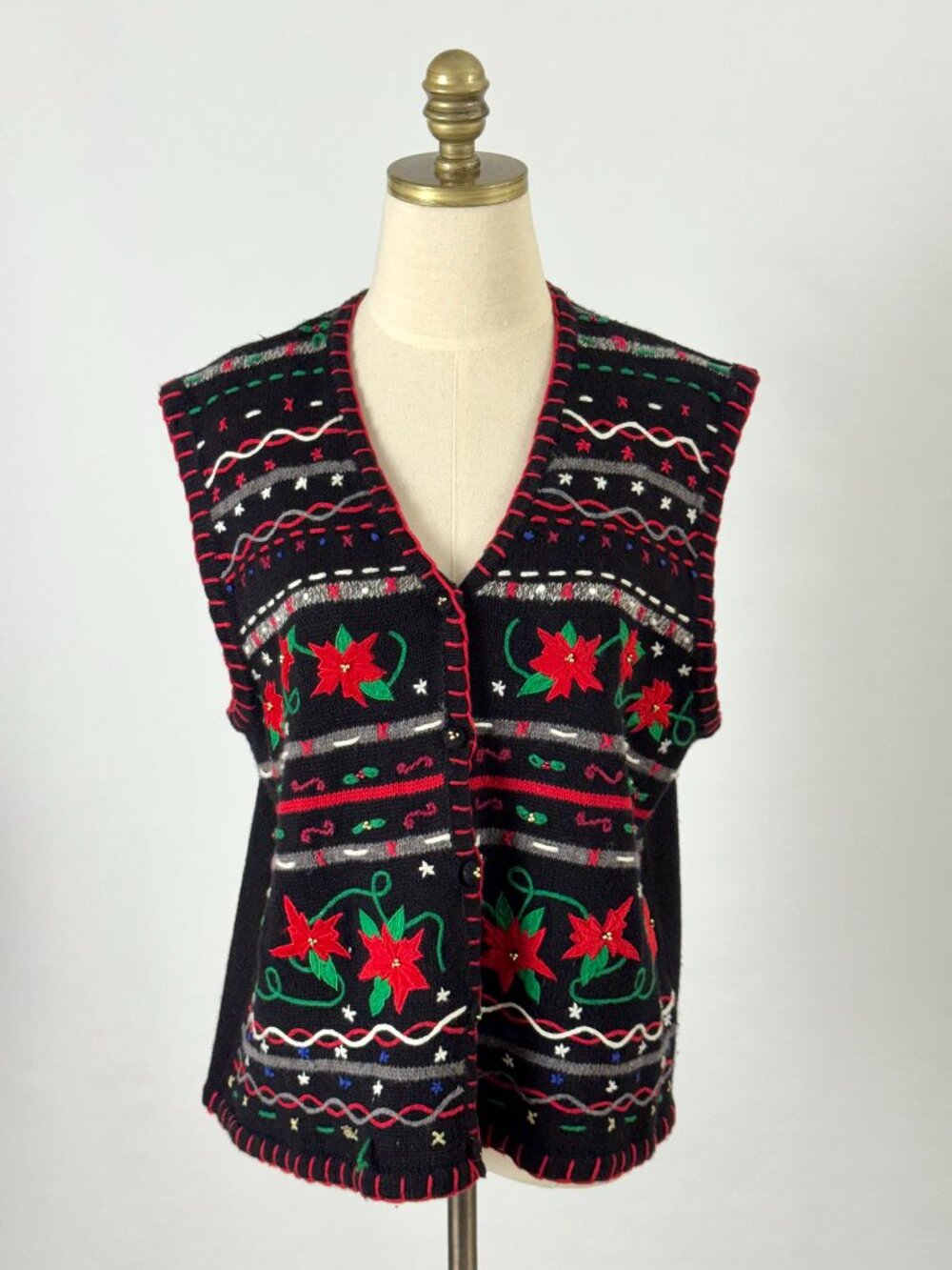 Vtg Erika Poinsettia Christmas Sweater Vest Embroidered Black Red Stripes Floral
